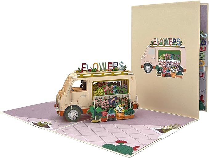 Pop Up Greeting Card Blooming Flower Van Adventure Floral Vehicle Nature Lover Classic Spring Theme Unique Gift for Any Occasion