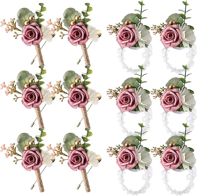 Tigeen 24 Pcs Dusty Rose Wrist Corsage Boutonniere Set, Handmade Bridal Bridesmaid Wrist Flower Boutonniere Set for Wedding Party Prom Suit Decoration