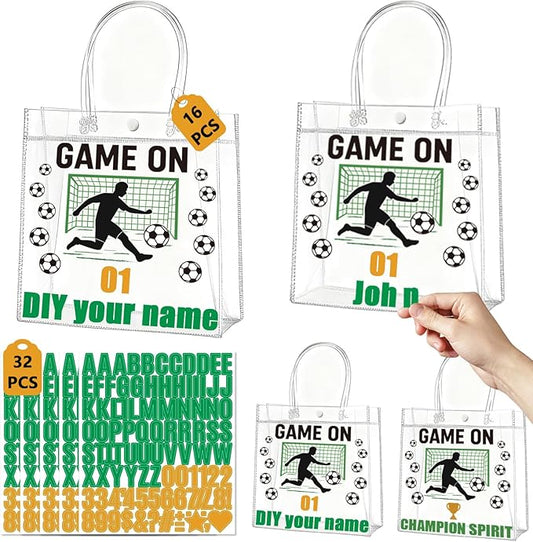 DIY Name Soccer Plastic Goodie Bags 16 Pack–Clear Soccer Party Favor Bags with Handles, Reusable Team Snack Bags for Kids Birthday, Game Day, Sports Events, Treat Gift Bags Supplies(Soccer-A, 16PCS)