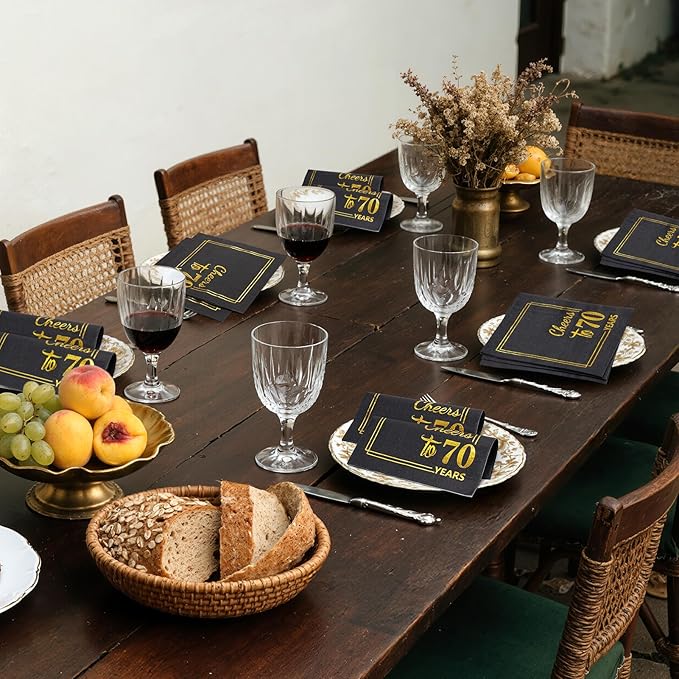 70th Birthday Cocktail Party Napkins-50PCS 13 * 13 inches Cheers to Years Disposable Paper Napkins for Birthday Wedding Anniversary Decorations Party Props Supplies Black and Gold (70th Napkins)