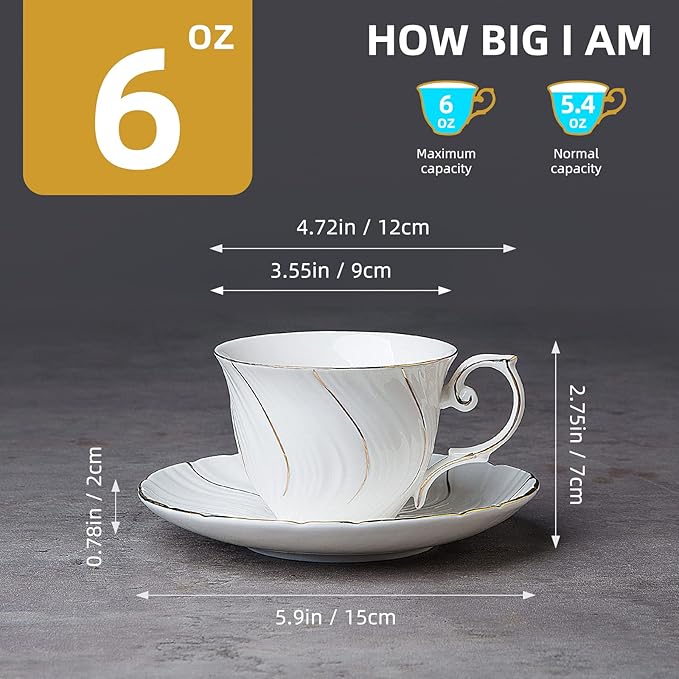 tea cups and saucers ceramic coffee mug 6oz for Coffee, Latte, Cafe Mocha and Tea-Set of 4, White