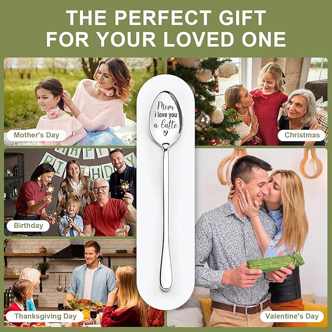 I Love You Mom Coffee Spoons - Stainless Steel Dessert Spoon, Tea Cafe Espresso Coffee Lovers Gift for Her, Mom Birthday Gift Spoons