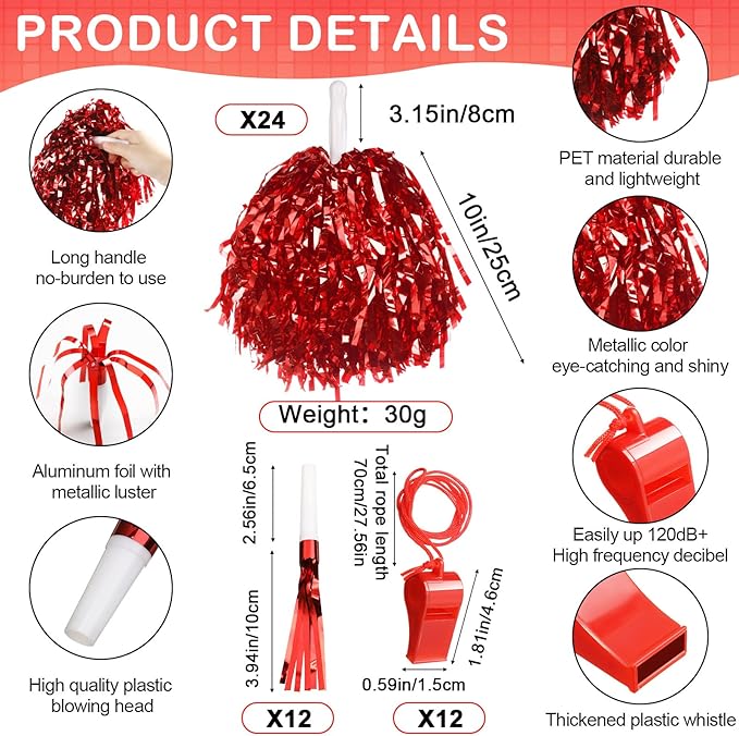 Yunsailing 96 Pcs Homecoming Noisemakers Team Spirit Accessories for Game Day Include Hand Clappers Cheerleading Pom Pom Thunder Stick Cheer Party Blower Plastic Whistle for Sport Fans(Red)