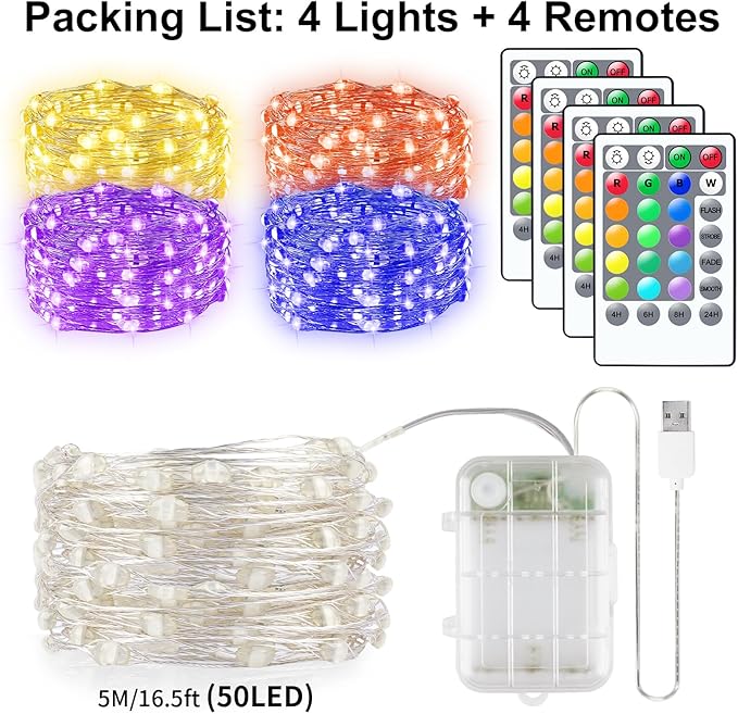 StarryEver 66ft 200LED Fairy Lights Battery Operated, 4 Pack 16.5ft 16 Color Changing String Light with Remote Timer, RGB Waterproof Twinkle Lights for Indoor Outdoor Room Gift Party Christmas Décor