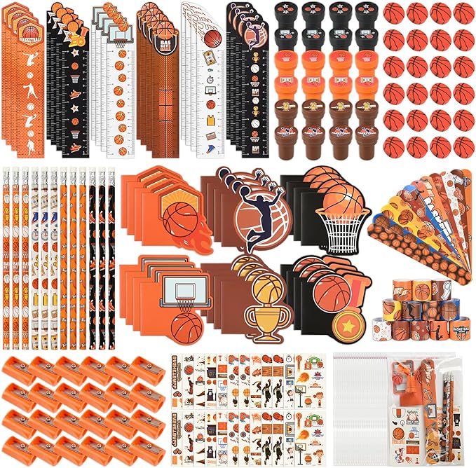 216Pcs Basketball Stationery basketball Theme Gifts Birthday Supplies Team Gift Goodie Bags Stuffer Pencils Classroom games Rewards School Office Supplies（ basketball）