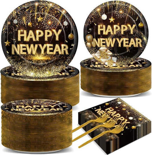 Qyeahkj 200 Pcs Happy New Years Plates and Napkins Party Supplies Black and Gold 2026 New Year's Eve Disposable Tableware Set with Paper Plates Napkins for NYE Party Celebration Decoration Serves 50