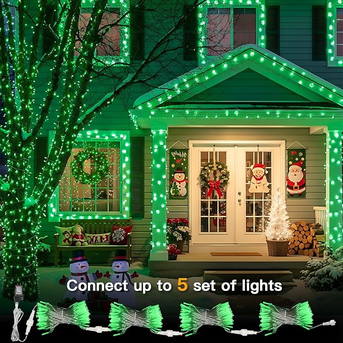 suddus Connectable Green Chirstmas Lights Outdoor with Remote, 66ft 200 LED String Lights Plug in Waterproof, Dimmable Clear Wire Fairy Lights for Xmas Tree,Halloween,Garden,Porch,Party,Dorm Decor