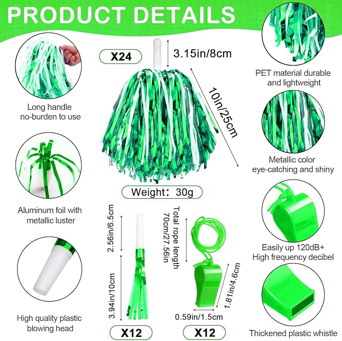Yunsailing 96 Pcs Homecoming Noisemakers Team Spirit Accessories for Game Day Include Hand Clappers Cheerleading Pom Pom Thunder Stick Cheer Party Blower Plastic Whistle for Sport Fans(White Green)