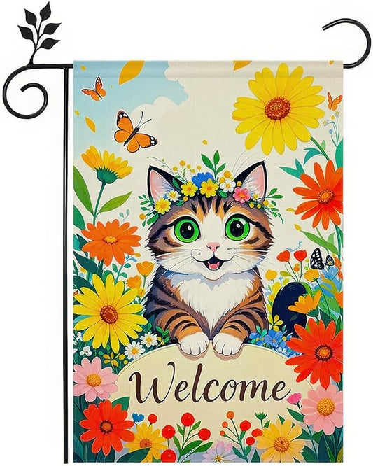 BlissYard Spring Garden Flag for Outside Adorable Cat with Flowers and Butterflies Backdrop Design Spring Decoratio Double-Sided 12x18 Inches Welcome Yard Flag for Outdoor Decor