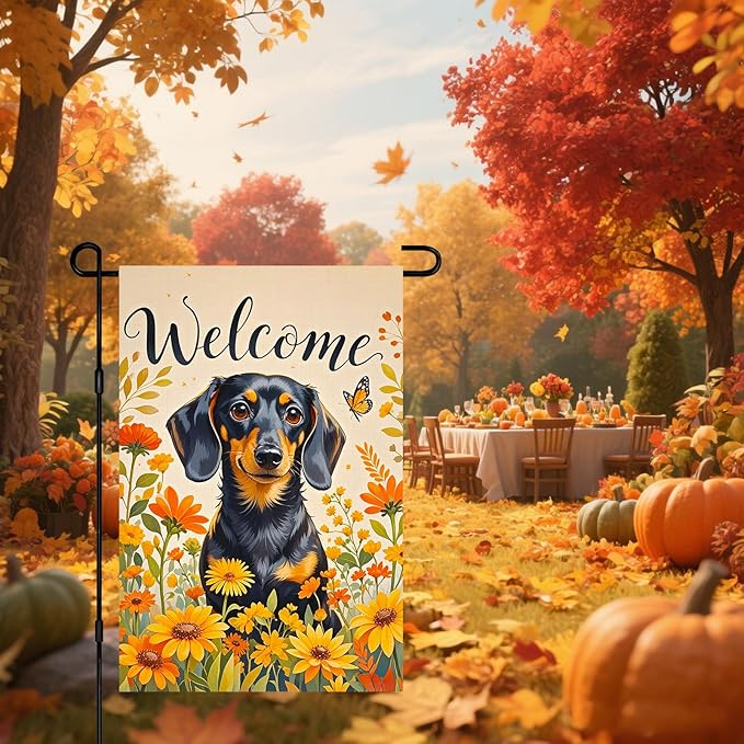 BlissYard Spring Summer Garden Flag 12x18 Inch Welcome Dachshund Dog Outdoor Flag Double Sided Autumn Yard Banner with Sunflowers and Butterflies for Porch Lawn Patio
