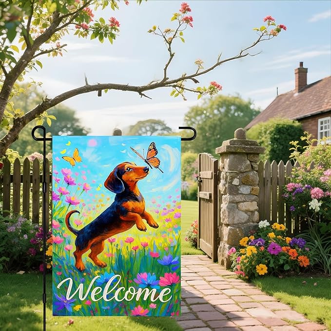 IVN Welcome Dachshund Garden Flag 12x18 Inch Double Sided Dog Butterfly Flower Outdoor Yard Flag for Home Front Door Lawn Porch Spring Decor