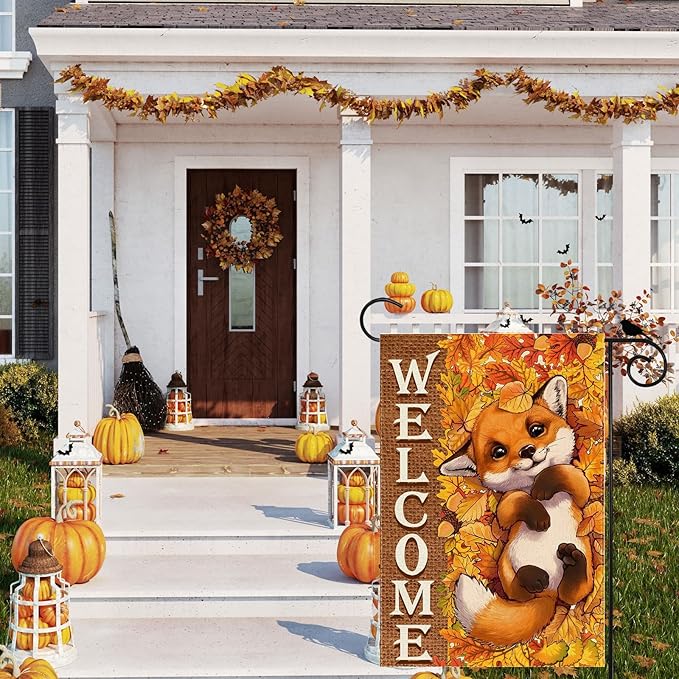 ZAEW Fall Welcome Cute Little Fox Maple Leaves Autumn Garden Flag Yard Flag 12x18 Inch Double Sided Small Mini Yard Outdoor Outside Farmhouse Holiday Decoration
