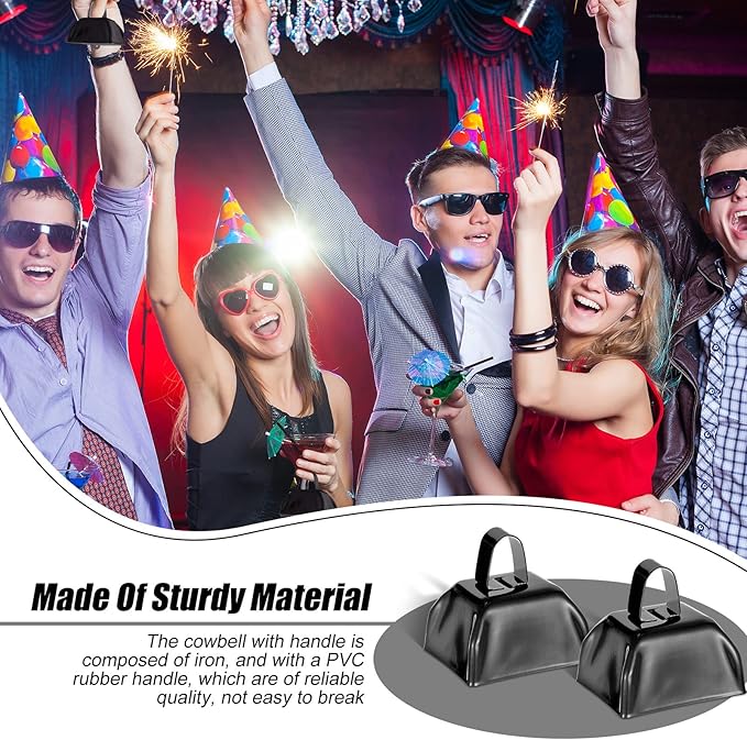 Yeshone 24 Pcs Metal Cowbell with Handle Cow Bells Noise Makers for Sporting Events Small Loud Noisemaker Cow Bell for Wedding Cheering Football Games, 3 x 2.8 x 2.5 Inch(Black)