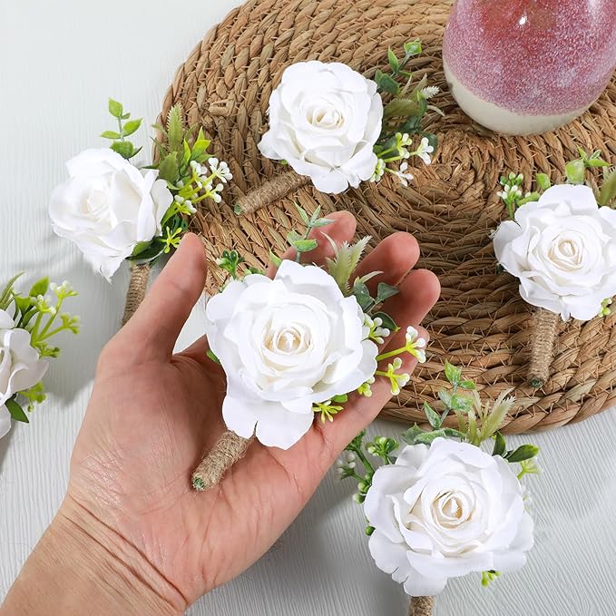 Corsage and Boutonniere Set,6Pcs Wedding Boutonniere for Men and Women, White Rose Boutonnieres for Wedding Ceremony, Prom, Anniversary, Formal Events