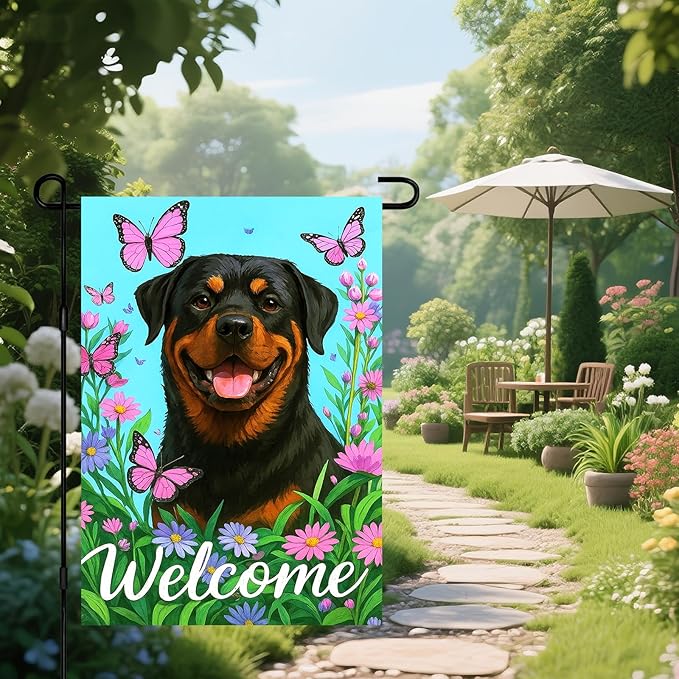IVN Welcome Dog Garden Flag 12x18 Inch Double Sided Rottweiler Butterfly Flower Outdoor Yard Flag for Home Front Door Lawn Porch Summer Decor