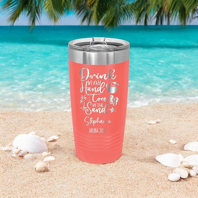 Drink In My Hand Toes In The Sand 20z Tumbler, Summer Mug, Stainless Travel Mug For Friends, Family Or Colleagues, 2025 Summer Tumbler (coral)