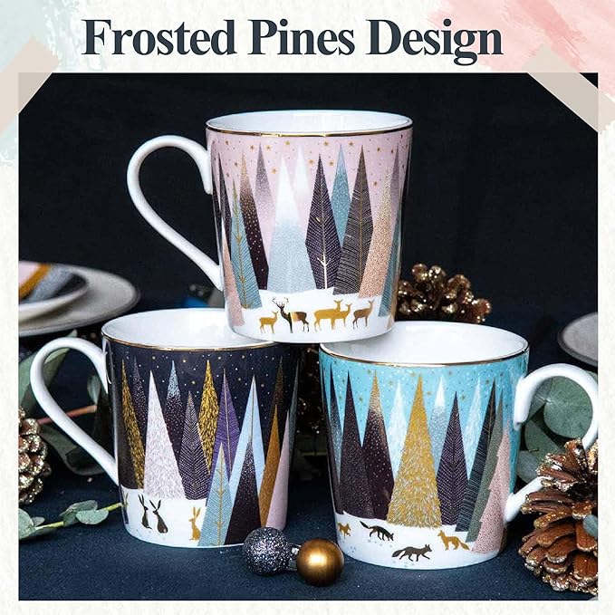 Portmeirion Sara Miller London Frosted Pines Christmas Mug | 12 Oz Cup for Drinking Tea, Coffee, and Hot Cocoa | Set of 4 Mugs Made from Fine China with Gold Detail | Handwash Only