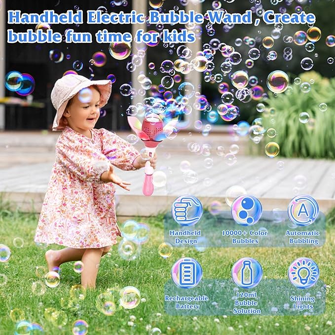 Panamalar Electric Bubble Wand for Kids, Light Up Automatic Bubble Machine Blower with Lights/10000+ Bubbles/120ml Solution, Rechargeable Flower Bubble Wand Maker Toys for Outdoor Party Wedding