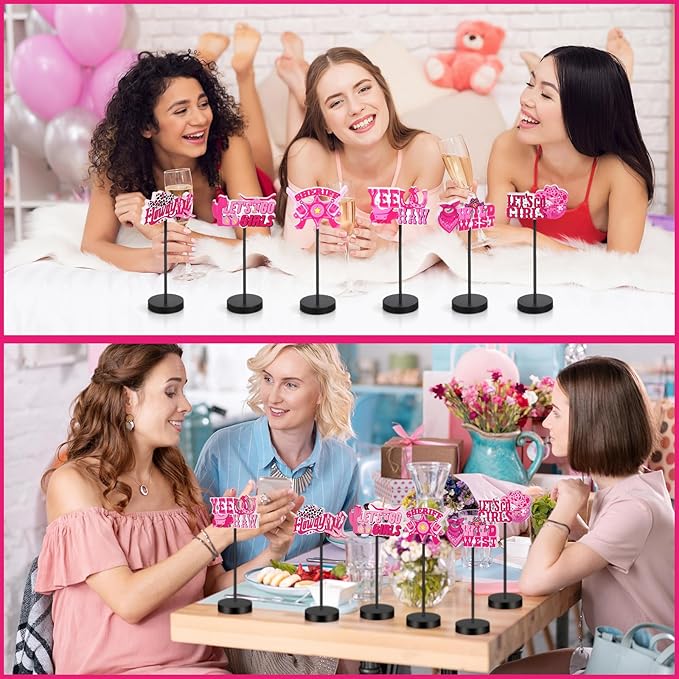 6 Pcs Pink Cowgirl Disco Centerpieces for Table Let's Go Girls Disco Cowgirl Bachelorette Party Decoration Western Wooden Standing Sign Decor for Birthday Western Rodeo Party Supplies