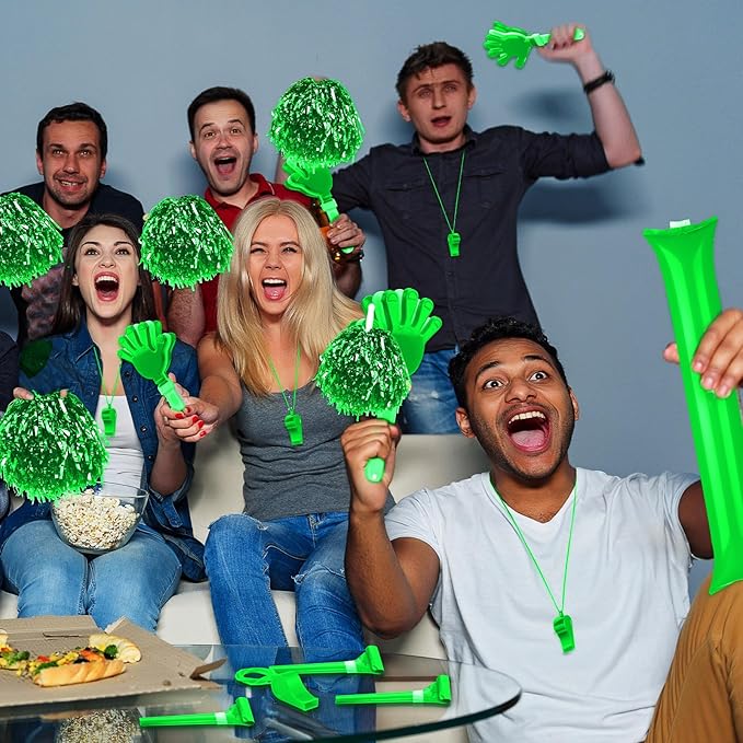 Yunsailing 96 Pcs Homecoming Noisemakers Team Spirit Accessories for Game Day Include Hand Clappers Cheerleading Pom Pom Thunder Stick Cheer Party Blower Plastic Whistle for Sport Fans(Green)