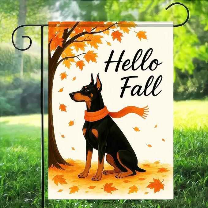 BlissYard Hello Fall Garden Flag 12x18 Inch Double Sided Doberman Dog Flags Autumn Leaves Yard Flag Seasonal Pumpkin Outdoor Small Banner for Fall Porch Lawn Decor