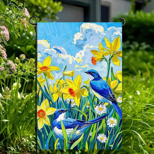 BlissYard Spring Garden Flags 12x18 Double Sided Spring Decorations For Home Front Porch Decor Blue Birds and Daffodils Backdrop Design Outdoor Decoration Springs Gardens Flags For Outside
