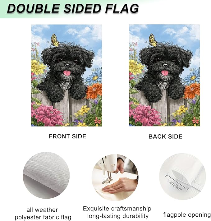 IVN Spring Garden Flag 12x18 Inch Double Sided Black Dog and Colorful Flowers Scene Outdoor Yard Flag for Outside Front Door Lawn Porch Patio Welcome Decor