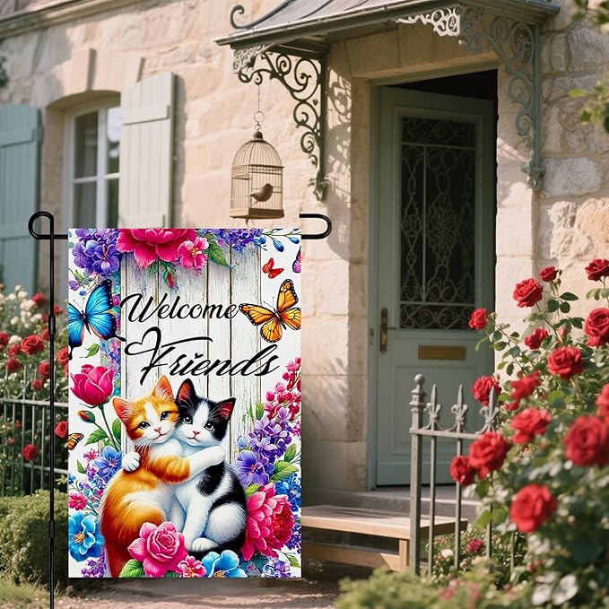 IVN Spring Garden Flag 12x18 Inch Double Sided Cat Flower Butterfly Welcome Friends Outdoor Yard Flag for Outside Front Door Lawn Porch Patio Welcome Decor