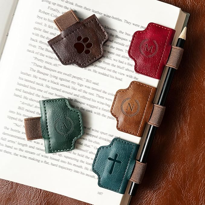 BygoneMark Magnetic Leather Bookmark with Pen Holder, Personalized Custom Initial Page Marker & Pen Clip, Professional Book Accessory for Students (Red-J)