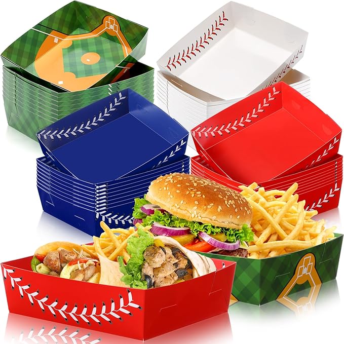 Teling 36 Pcs Baseball Theme Party Supplies Large 5 lb Baseball Plates Trays Food Boat Paper Softball Disposable Nacho Snack Serving Tray Dinner Plate for Softball Birthday Decorations Favor(4 Colors)
