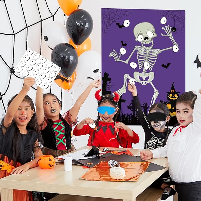 Hooqict Halloween Games for Kids Party Pin The Eyeball on The Mr.Bone Halloween Party Games Classroom Activities, Large Halloween Pin The Tail Game Poster with 40 Eyeball Stickers