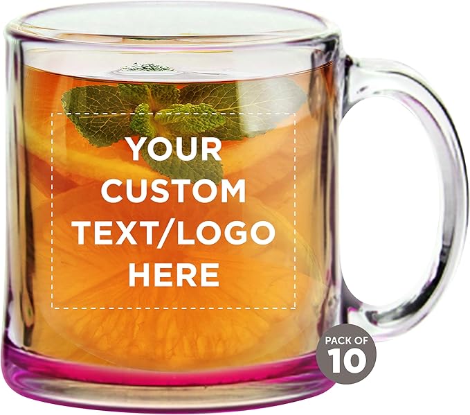 Custom Libbey Clear Glass Coffee Mugs 13 oz. Set of 10, Personalized Bulk Pack - Perfect for Coffee, Tea, Espresso, Hot Cocoa, Other Beverages - Pink Bottom