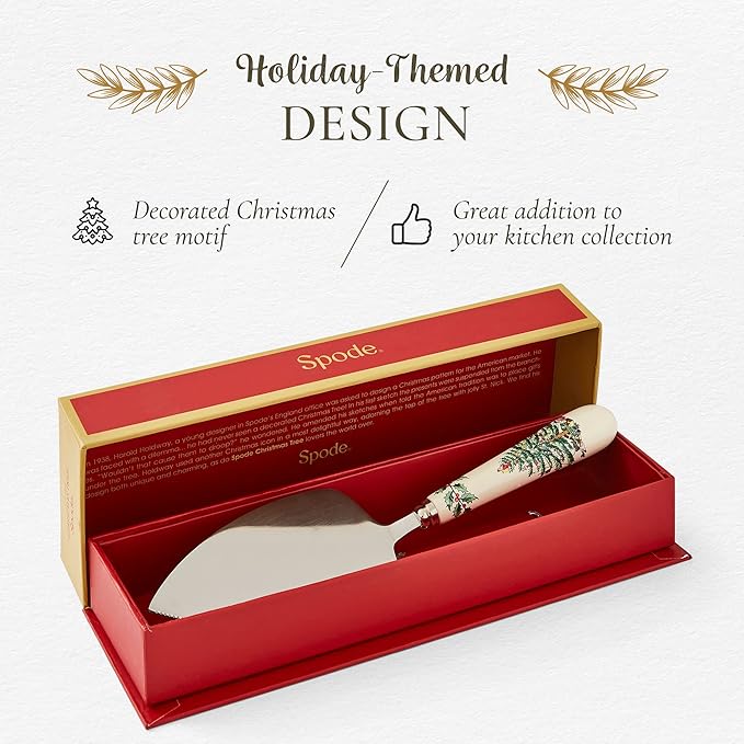 Spode Christmas Tree Cake Server, 10.5-Inch Stainless Steel Cake Knife with Fine Porcelain Handle, Holiday Dessert Flatware, Festive Christmas Utensil, Elegant Holiday Table Setting Addition