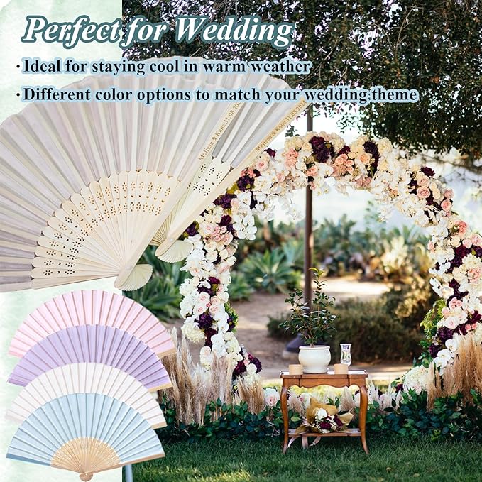 150 Set Personalized Cream Wedding Fans for Guests Bulk, Custom Engraved Summer Wedding Fans, Silk Hand Fans Handheld Folded Fan Baby Shower Favors for Bridal Bridesmaid Gift Church Dancing Party