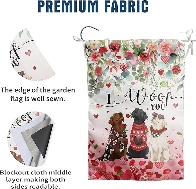 Dog Valentine Garden Flag Valentines Day Decor Black Lab Gifts for Women White Chocolate Labrador Yard Signs for Outside 12x18 Double Sided I Woof You Love Heart Banner