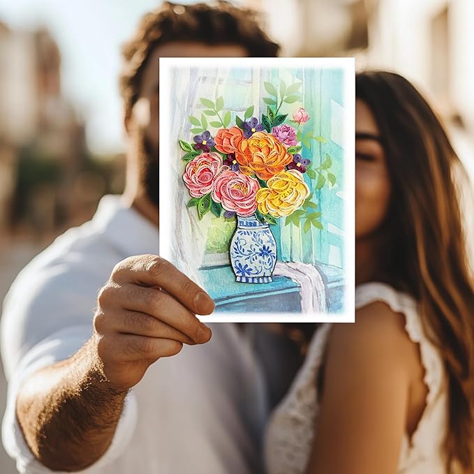 Violet and Peony Paradise Card, Quilling Cards for All Occasions, Birthday, Mothers Day, Anniversary, Watercolor Classy Card for Women, Mom