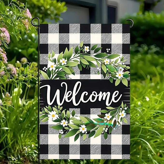 HOMETITUTE Welcome Spring Garden Flag 12x18 Double Sided Black and white Grid Seasonal Small Flags For Outside Outdoor Decor Yard Farmhouse Holiday Spring Summer Decorations Yard Flags
