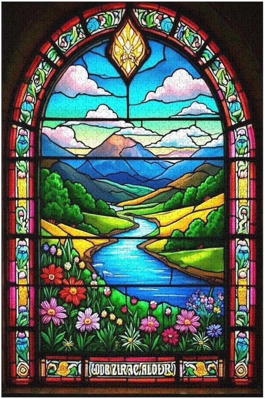 Wooden Jigsaw Puzzles - Stained Glass Window & View - 1000 Piece Jigsaw Puzzle for Adults Teenagers and Kids Educational Family Game，Home Decor，Suitable for Puzzle Enthusiasts and Collectors