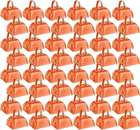 Yeshone 48 Pcs Metal Cowbells with Handles Loud Noise Makers Small Hand Percussion Cowbells for Football Events, Wedding, Graduation Team Cheering(Orange)