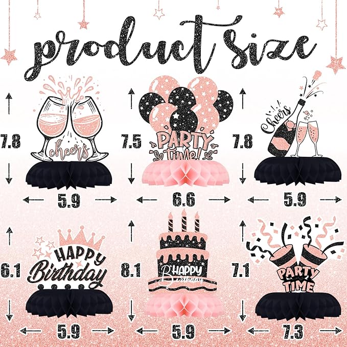 Black and Pink Birthday Decorations – 12Pcs Honeycomb Table Centerpieces for Women or Girls, Elegant Pink Black Party Table Toppers for Birthday Celebration