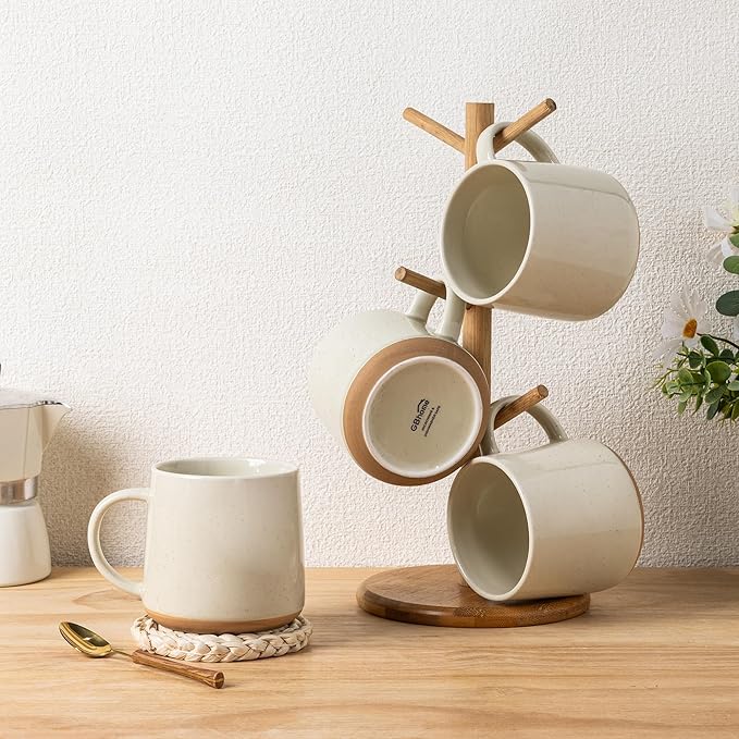 GBHOME Ceramic Coffee Mugs Set of 4, 17oz Handmade Ceramic Coffee Mugs Set with Terracotta Underside for Latte/Tea/Beer/Hot Cocoa, Dishwasher & Microwave Safe