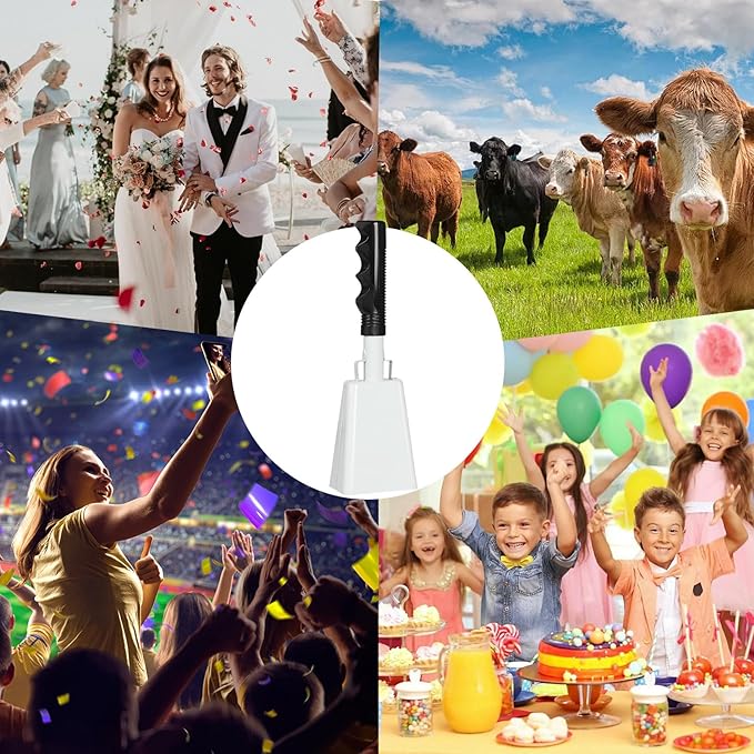 10Inch Cowbells Set with Handle for Sporting Events, 2Pcs Large Cow Bells with Wrist Straps, Loud Noise Makers for Football Games Spirit Marathon Weddings Party Noisemakers, White & Black