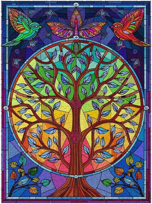 Wooden Jigsaw Puzzles - Unique Stained Glass Tree - 500 Piece Jigsaw Puzzle for Adults Teenagers and Kids Educational Family Game，Home Decor，Suitable for Puzzle Enthusiasts and Collectors