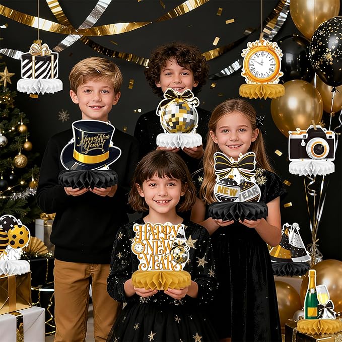 Happy New Year Party Decorations Bundle - Includes New Years Eve Honeycomb Centerpieces ，New Year Table Toppers, for Classroom Decor, New Year & Birthday Party Supplies