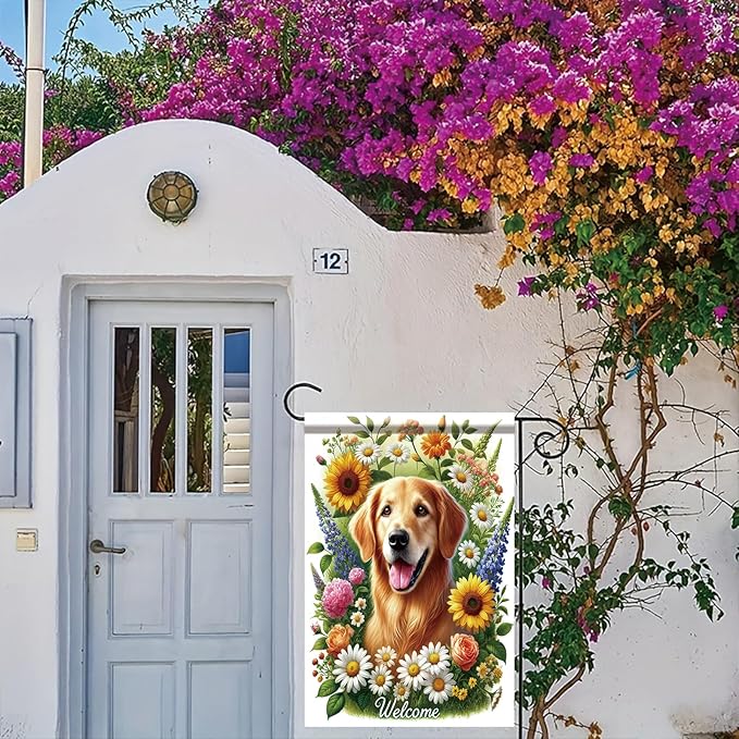 Starlit Patio Welcome Summer Spring Garden Flag 12 x 18 Double Sided Golden Retriever Dog Garden Flag Cute Puppy Small Daisy Flower Yard House Flags Outside Outdoor Summer Porch Lawn Decoration