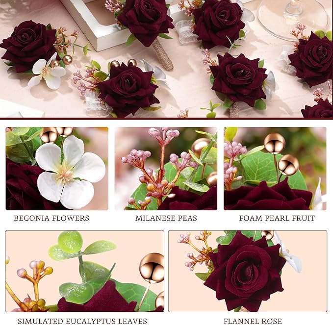 Sherr 20 Pcs Rose Wrist Corsage and Boutonnier Set Flower Wrist Corsage Wristlet Band Bracelet Wedding Bridegroom Men's Boutonniere Wristlet Hand Flower for Wedding Bouquets Supplies (Dark Red)