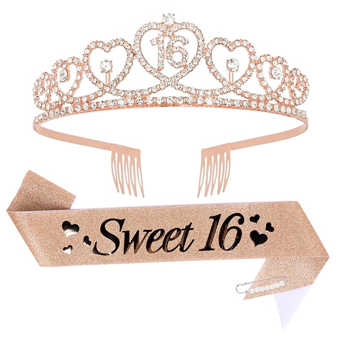 16th Birthday Crown and Sash for Girls Sweet 16 Birthday Decoration 16th Rose Gold Tiara and Sweet 16 Glitter Sash 16th Party Supplies