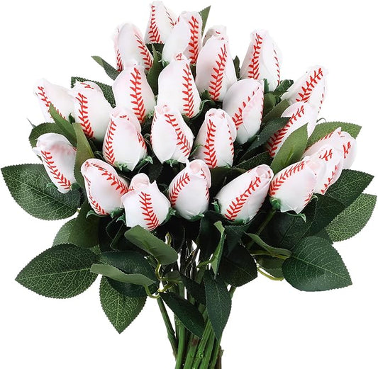 Suhine 24 Pcs Sports Party Favors Cheer Gifts Artificial Football Soccer Basketball Baseball Flowers for Birthday Game Day Tailgate Wedding Party Decorations (Baseball Color,Normal)