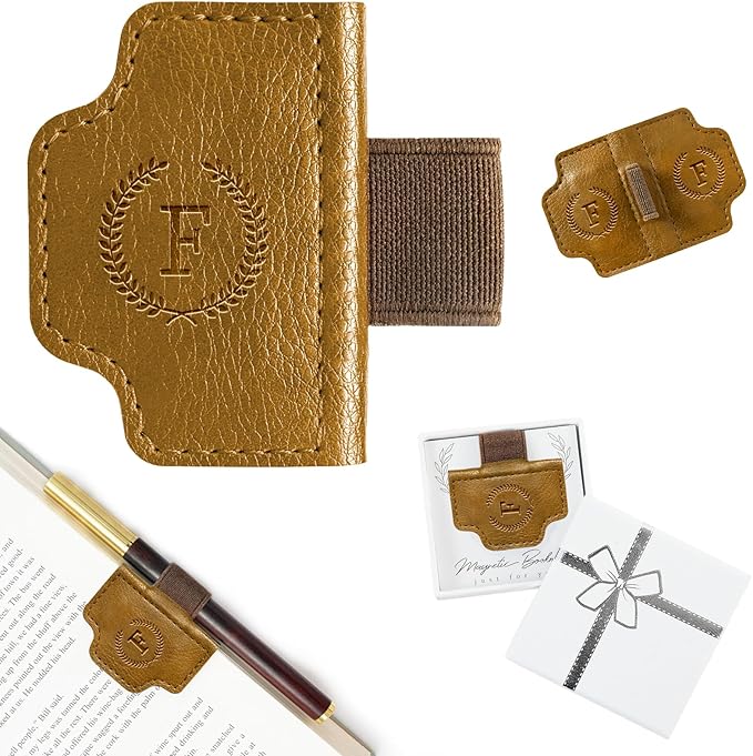 BygoneMark Magnetic Leather Bookmark with Pen Holder, Personalized Custom Initial Page Marker & Pen Clip, Professional Book Accessory for Students (Light Brown-F)