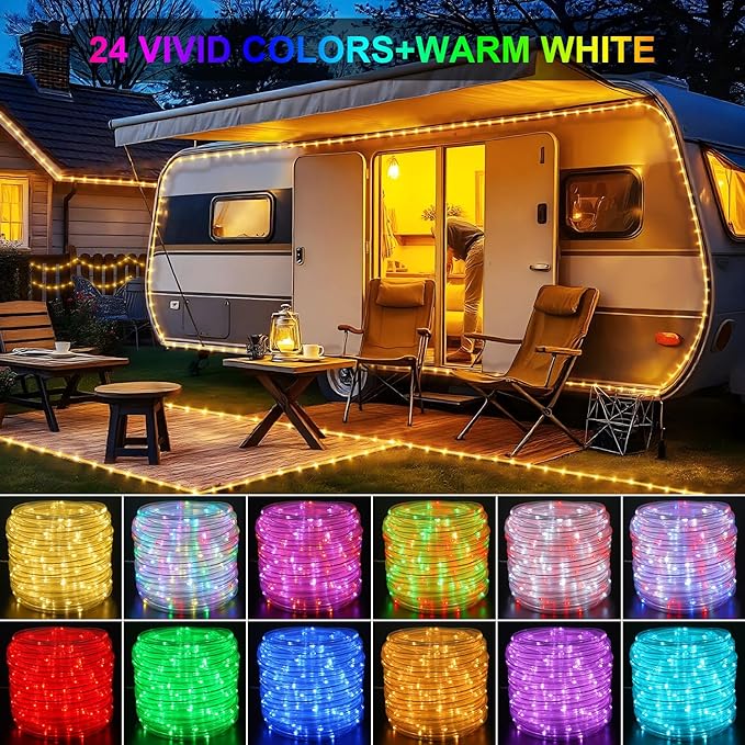 StarryEver 50ft 150LED Rope Lights Outdoor String Lights, 24 Colors+Warm White Outdoor LED Lights Plug in, RGB Color Changing Rope Light with Remote Rope Lighting for Camping Garden Patio